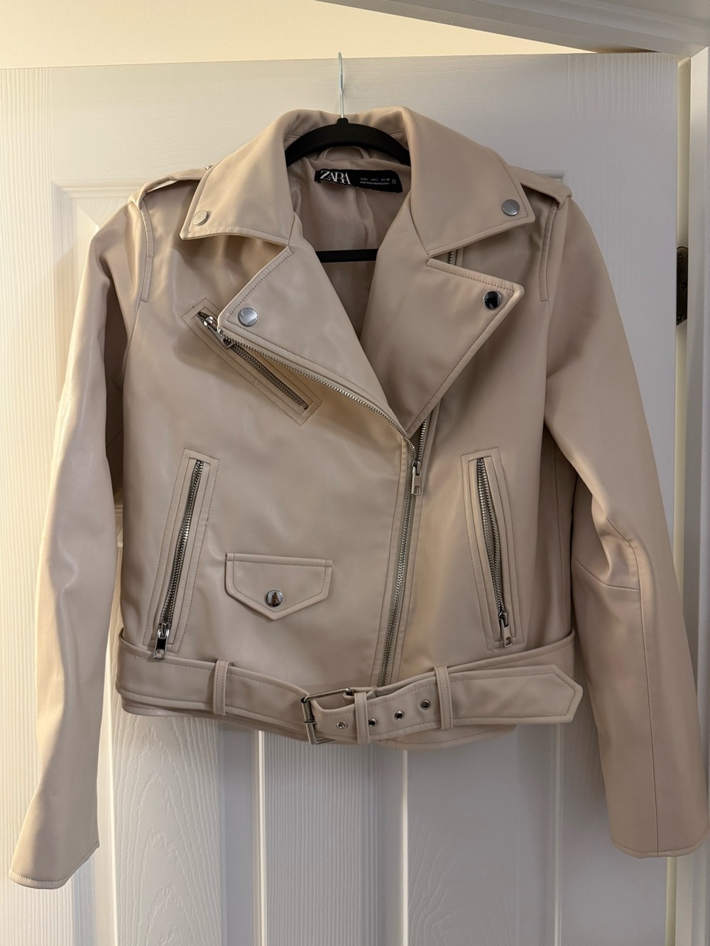 ZARA Beige Faux Leather Biker Jacket with Belt